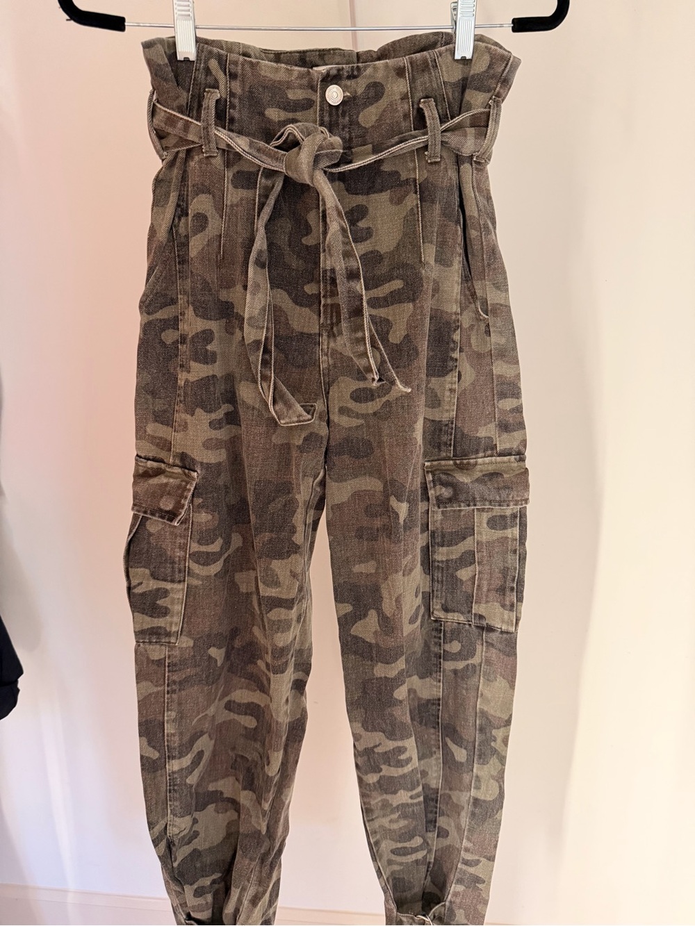 Zara Camo Paperbag Waist Cargo Pants - Olive Green